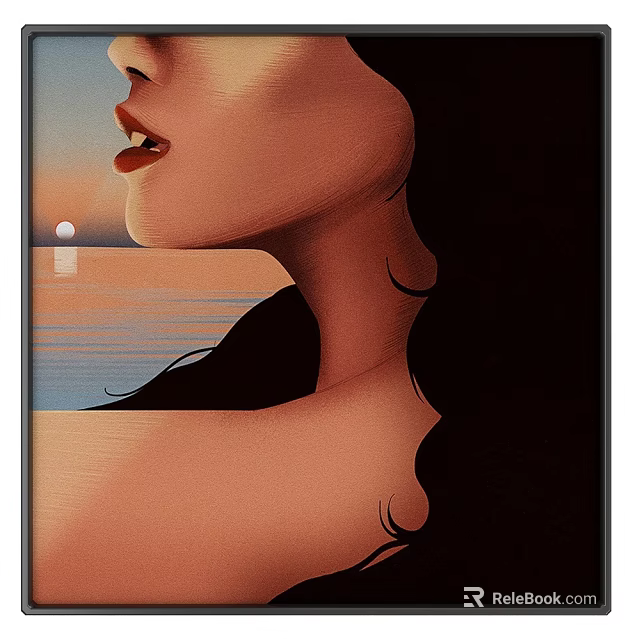 Elegant Female Profile Portrait with Long Hair and Sunset Ocean Waves 3d model 