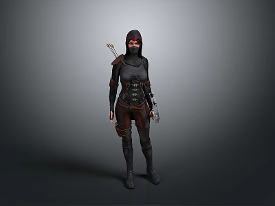 A Woman In Dark Tight Fitting Warrior Outfit With Hood Quiver And Battle Weapons 3d model