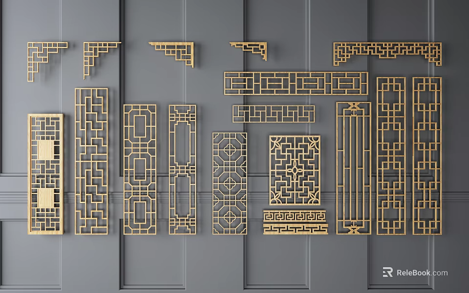 Golden Chinese Laser Cut Partition Decorative Elements For Interior Design 3d model