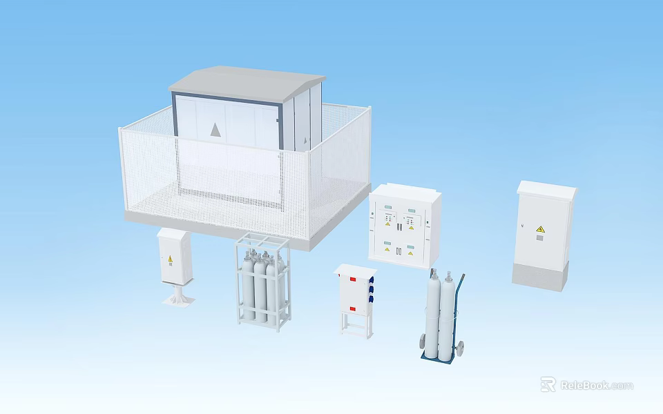 Industrial Equipment Components Including Control Cabinets Support Frames And Safety Enclosures 3d model 