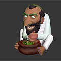 Sitting Cartoon Bearded Man in White Robe Holding Basket Full of Noodles on Simple Background