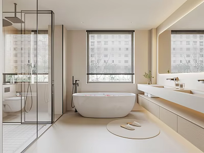 Light Colored Bathroom Interior With Glass Shower Freestanding Bathtub Double Sinks And Wooden Blinds 3d model