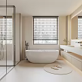 Light Colored Bathroom Interior With Glass Shower Freestanding Bathtub Double Sinks And Wooden Blinds