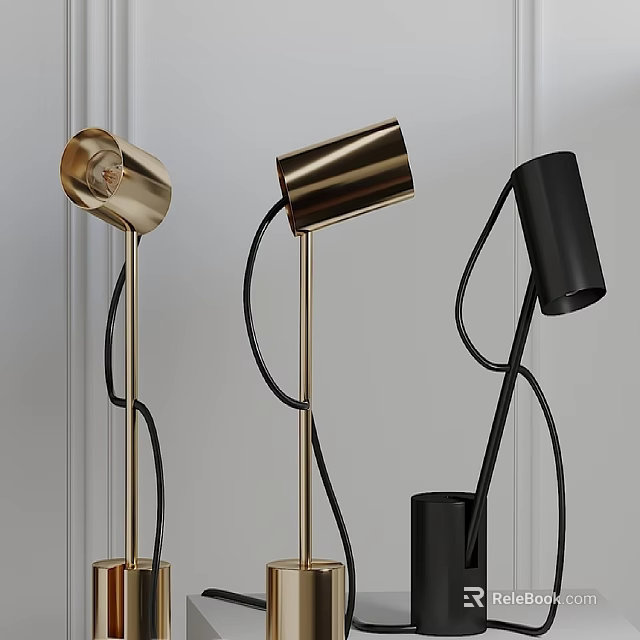 Modern Minimalist Gold And Black Metal Table Lamps With Cylindrical Shades And Curved Stands 3d model 