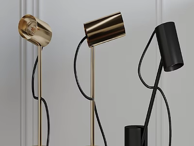 Modern Minimalist Gold And Black Metal Table Lamps With Cylindrical Shades And Curved Stands 3d model