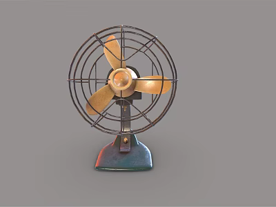 Vintage Electric Fan With Metal Cage Golden Blades And Black Base 3d model