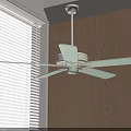 Light Green Ceiling Fan Installed On Ceiling Near Wooden Wall And Window With White Blinds