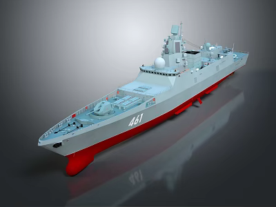 Modern Military Warship With Gray Hull Red Bottom Number 461 And Radar Systems 3d model