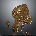 Three Decorative Golden Mushrooms with Textured Surface and Holes on Dark Background