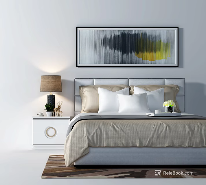 Modern Double Bed Interior With Abstract Painting White Nightstand And Decorative Pillows 3d model 