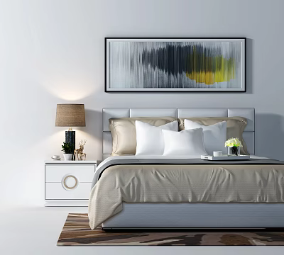 Modern Double Bed Interior With Abstract Painting White Nightstand And Decorative Pillows 3d model