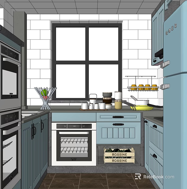 Modern Kitchen Interior Featuring Light Blue Cabinets White Tile Backsplash And Window 3d model