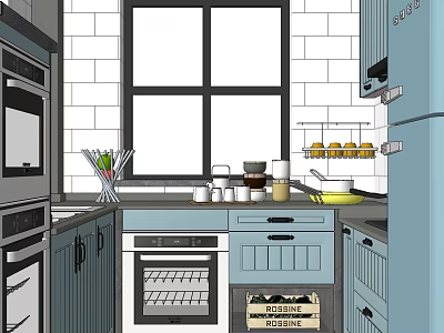 Modern Kitchen Interior Featuring Light Blue Cabinets White Tile Backsplash And Window 3d model