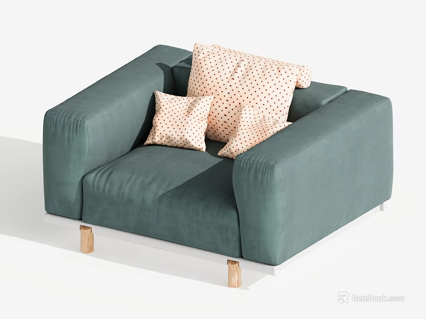 Modern Teal Single Sofa With Polka Dot Pillows And Wooden Legs 3d model 