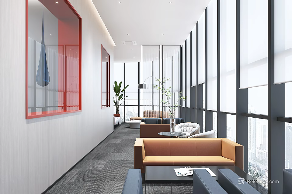 Modern Lounge Area Interior Design With Large Windows Sofa Green Plants And Red Accents 3d model 