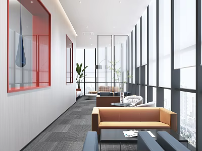 Modern Lounge Area Interior Design With Large Windows Sofa Green Plants And Red Accents 3d model
