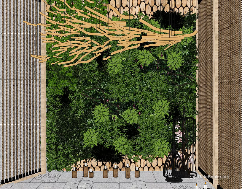 Green Plant Wall With Leafy Branches And Lush Foliage Wooden Frame 3d model 