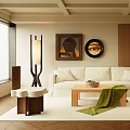 Modern Living Room Interior With White Sofa Wooden Coffee Table Floor Lamp And Wall Art