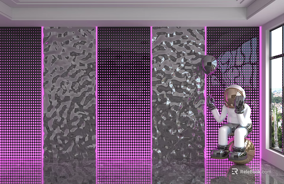 Modern Textured Background Wall With Panel Design And Astronaut Decor In Pink Lighting 3d model