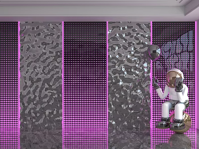 Modern Textured Background Wall With Panel Design And Astronaut Decor In Pink Lighting 3d model