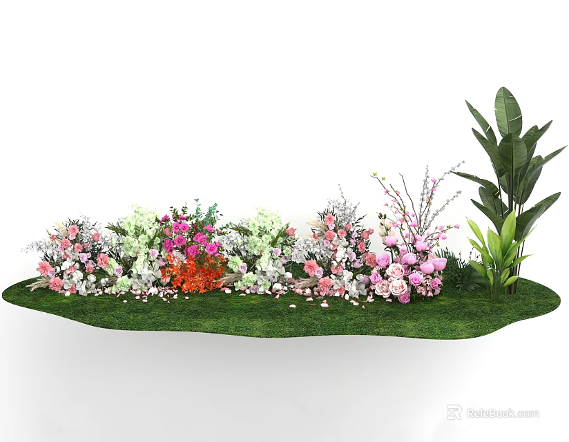 Diverse Floral Display Featuring Colorful Flower Clusters Lush Green Foliage And Grass Lawn Base 3d model 