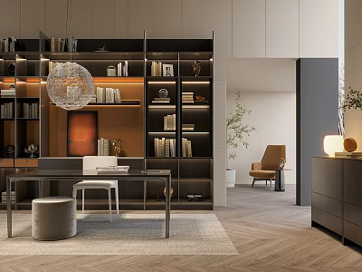 Modern Study Room Interior With Built in Bookshelves Wooden Desk And Pendant Light Decor 3d model