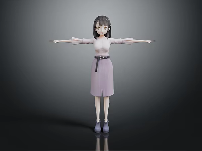 3D Game Movie Female Character with Short Black Hair White Top Purple Skirt Arms Outstretched 3d model