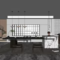 Modern Tea Room Interior With Open Design Marble Counter Pendant Lights And Grid Windows