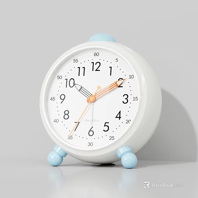 White Alarm Clock With Blue Top And Feet Round Numerical Dial For Bedroom Decor 3d model 