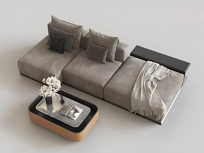 Gray Velvet Sofa Coffee Table Set With Pillows Blanket Wooden Top Vase And Magazine 3d model