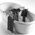 Freestanding Bathtub Dark Brown Exterior White Interior with Wooden Rack Beige Gray Light Brown Towels