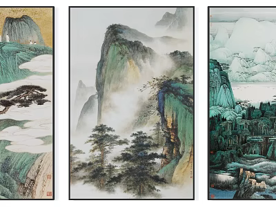 Traditional Chinese Landscape Art With Mountains Pine Trees Mist And Cliffs 3d model