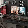Gaming Desk And Chair Set With Computer Case Monitor Headphones And Game Controllers