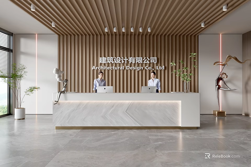 Modern Front Desk Reception With Marble Countertop And Wooden Backdrop For Architectural Design Company 3d model 