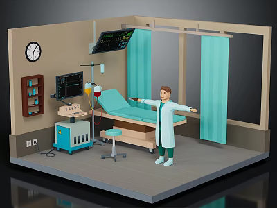 Cartoon Medical Room Scene With Doctor Hospital Bed Medical Equipment Wall Clock And Blue Curtains 3d model