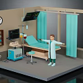 Cartoon Medical Room Scene With Doctor Hospital Bed Medical Equipment Wall Clock And Blue Curtains