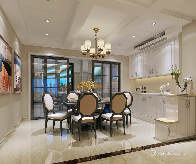 Elegant Restaurant Interior With Chandelier Dining Table Chairs White Cabinets And Floor to Ceiling Windows 3d model 