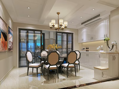 Elegant Restaurant Interior With Chandelier Dining Table Chairs White Cabinets And Floor to Ceiling Windows 3d model