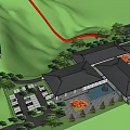Modern Building Complex With Circular Lawn Fountain Parking Lot And Trees