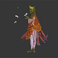Costumed Figure In Red Gold Attire With Golden Headdress Holding White Bird And Floating Feathers