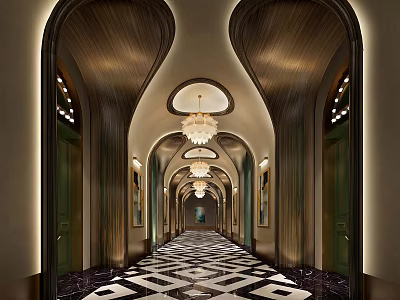 Elegant Elevator Hallway Design With Chandelier Symmetric Wooden Decor And Black White Marble Floor 3d model