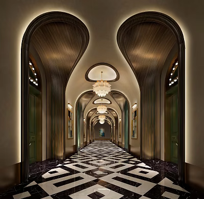 Elegant Elevator Hallway Design With Chandelier Symmetric Wooden Decor And Black White Marble Floor 3d model