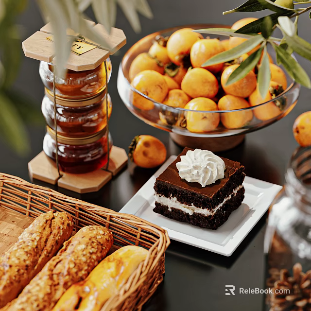 Assorted Food Display With Honey Persimmons Chocolate Cake And Bread 3d model 