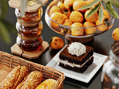Assorted Food Display With Honey Persimmons Chocolate Cake And Bread 3d model