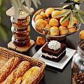 Assorted Food Display With Honey Persimmons Chocolate Cake And Bread 3d model
