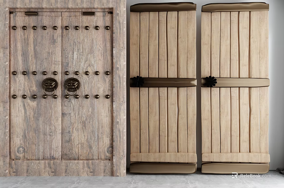 Rustic Wooden Double Doors Featuring Metal Rivets Decorative Knockers And Latches 3d model 