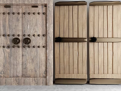 Rustic Wooden Double Doors Featuring Metal Rivets Decorative Knockers And Latches 3d model