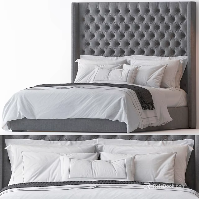 Modern Double Bed With Gray Tufted Headboard White Bedding And Pillows 3d model