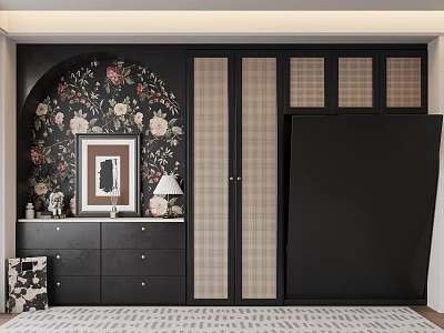 Modern Black Entryway Cabinet And Sideboard With Floral Mural Table Lamp And Vase 3d model