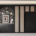 Modern Black Entryway Cabinet And Sideboard With Floral Mural Table Lamp And Vase